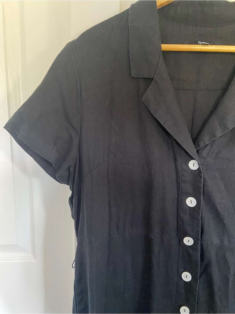 Quince Black Linen Button-Front Midi Dress Side Pockets - Picture 3 of 10
